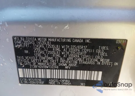 2011 Toyota Rav4 z USA, uszkodzony, nr VIN 2T3BF4DVXBW132248